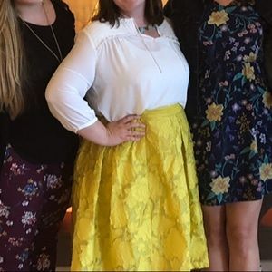 Yellow gold midi skirt with floral pattern, knee length size 16